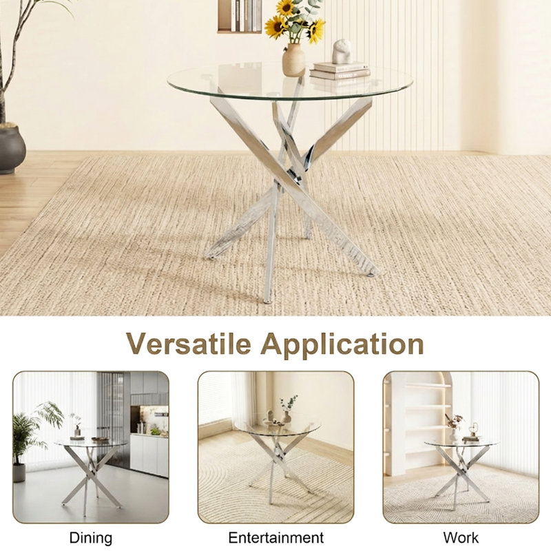 Table de salle à manger ronde moderne en verre, diamètre 90 cm, pieds argentés, idéale pour les petits espaces, verre trempé de 8 mm, parfaite pour les repas de famille en toute sécurité.