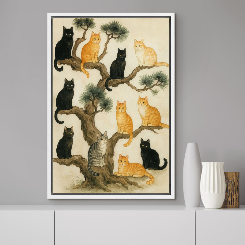Douze chats assis sur un pin - reproduction d'art sur toile encadrée, H 24 po x l 16 po x P 1,5 po, Cadre flottant blanc