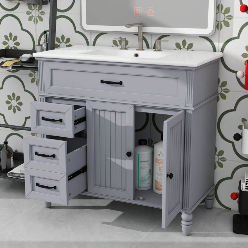 Meuble-lavabo de 36 pouces avec lavabo et tiroirs dans l'armoire, Gris