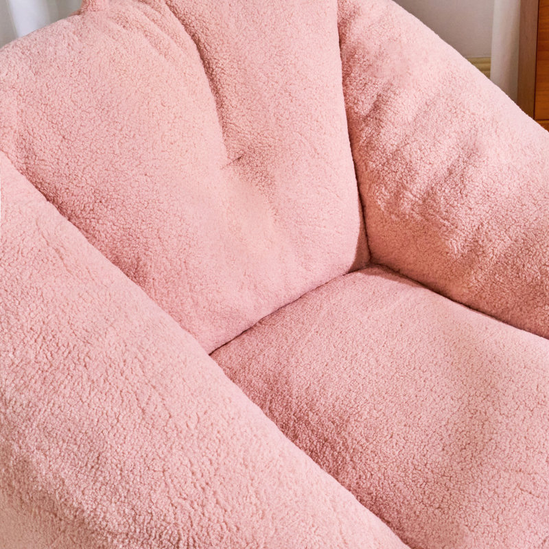 Compression 38.5" W Soft Teddy Fabric Foam Filled Bean Bag Chair With Ottoman, Pink Teddy