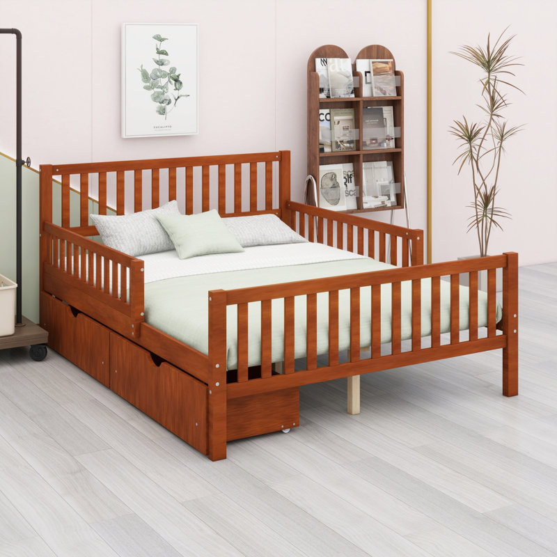 Wood Platform Bed With Guardrails On Both Sides And Two Storage Drawers, Walnut