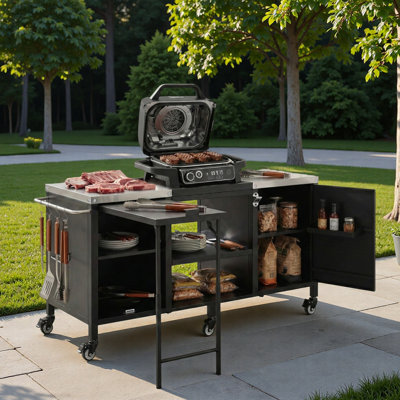 Large Grill Table Outdoor Kitchen Island With Stainless Steel Top, Fold-out Prep Table, Adjustable Shelves And Spice Rack