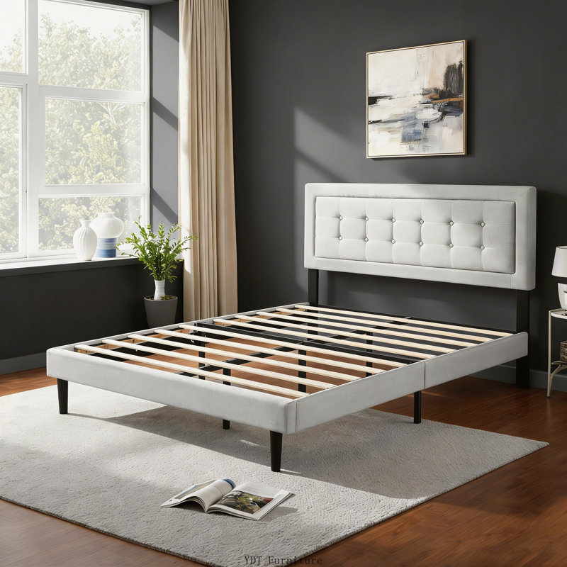 Grand lit plateforme tapissier, cadre de chambre à coucher facile à assembler, gris clair