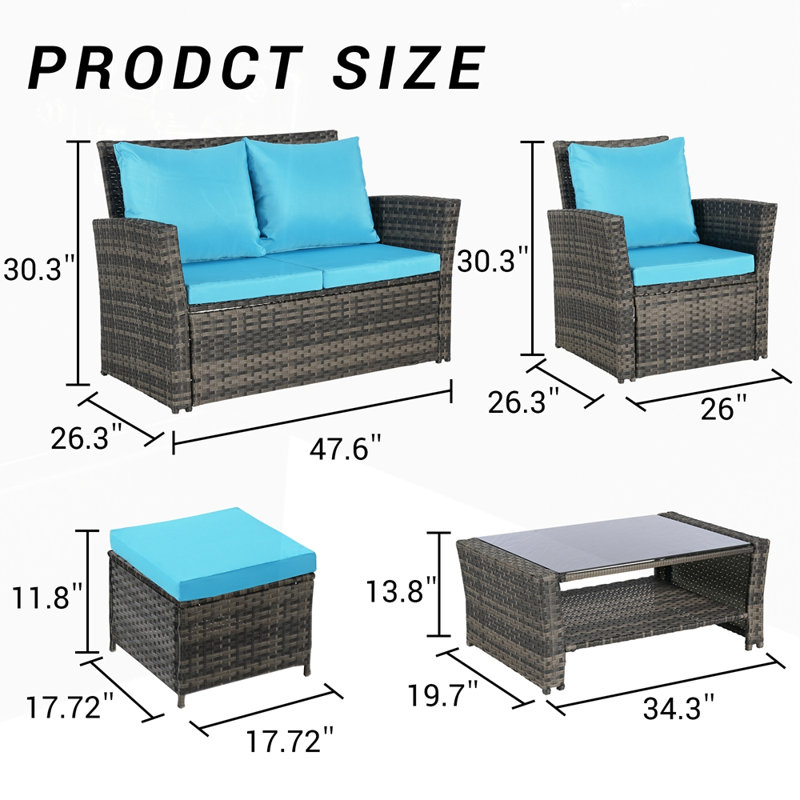 6 Piece Wicker Patio Furniture Sets with Ottoman and Tempered Glass Coffee Table, Light Blue