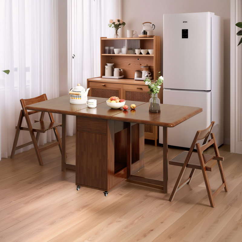 Solid Wood Folding Dining Set, Walnut Table with 4 Chairs, 2 Storage Drawers and Rolling Casters, 75cm H x 150cm W x 80cm D