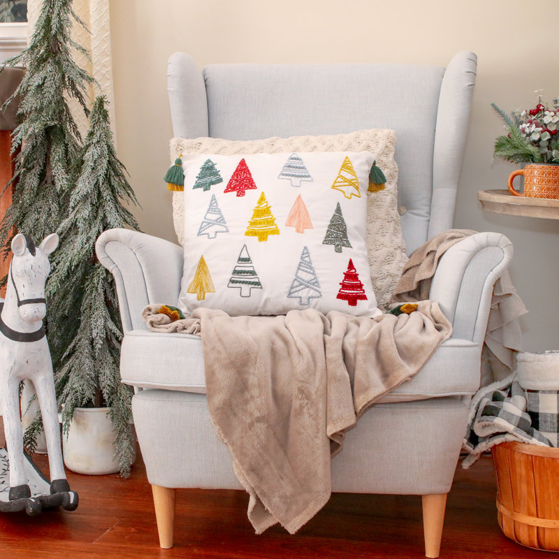 18" White Cotton Embroidered Christmas Tree Pillow with Tassels