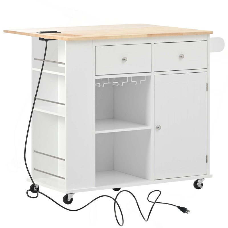 Kitchen Island With Power Outlet,Kitchen Storage Island With Drop Leaf And Rubber Wood,Open Storage And Wine Rack,5 Wheels,With Adjustable Storage For Home, Kitchen,And Dining Room