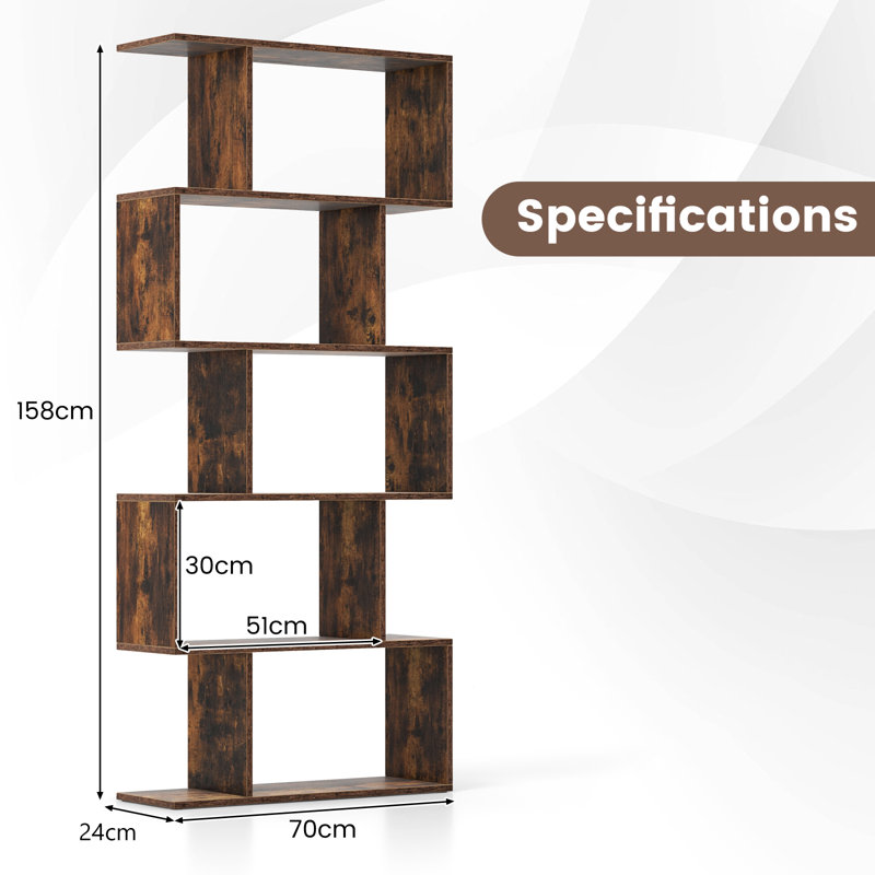 Nafeeza Geometric Bookcase, (5 Shelves) 158cm H x 70cm W x 24cm D, Brown