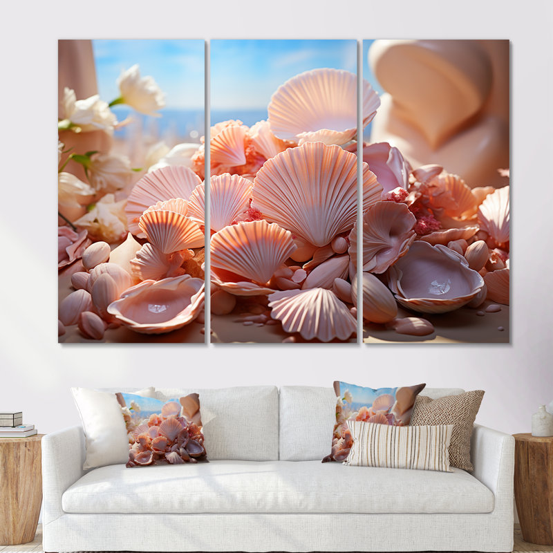 Romantisme, coquillages - ensemble d'art mural coquillage, H 28 po x l 36 po x P 1 po, Toile tendue