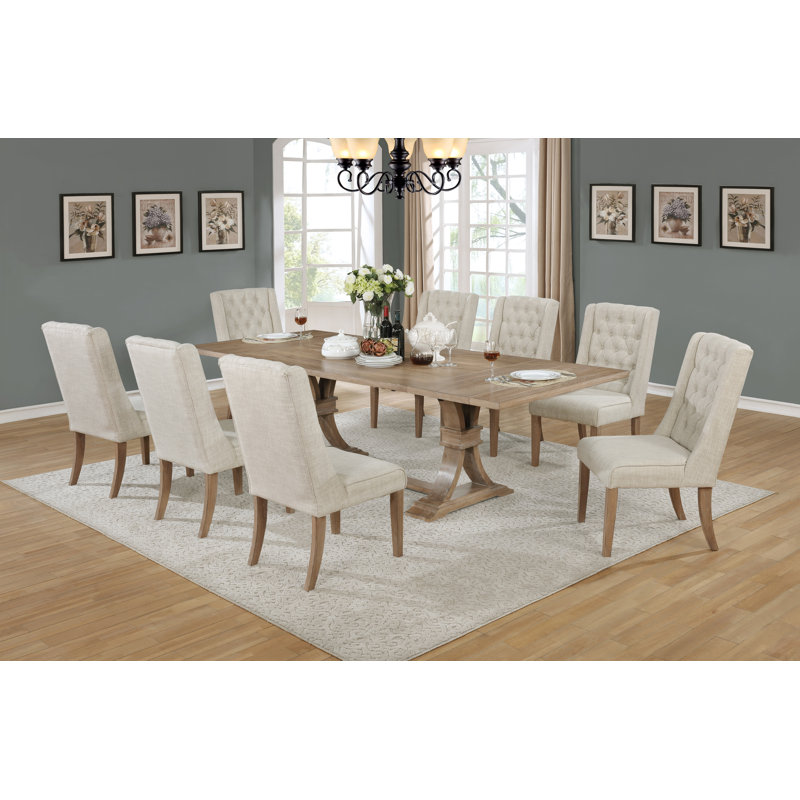 Dions Extendable 72" to 104" Table with Rustic Wood Dining Set and Linen Tufted Chairs, 9, Beige , Natural Rustic