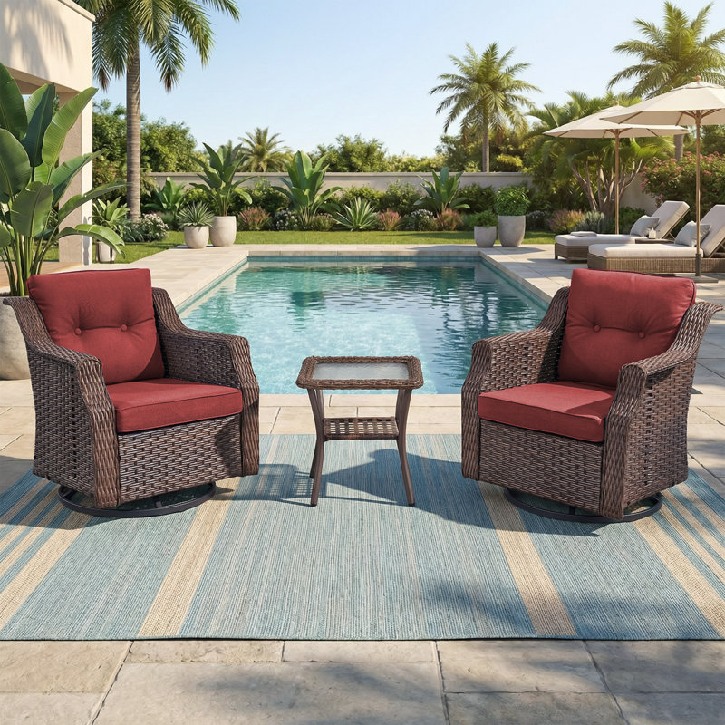 Chaises berçantes pivotantes d'extérieur en rotin 3 pièces avec table d'appoint en verre, Rouge
