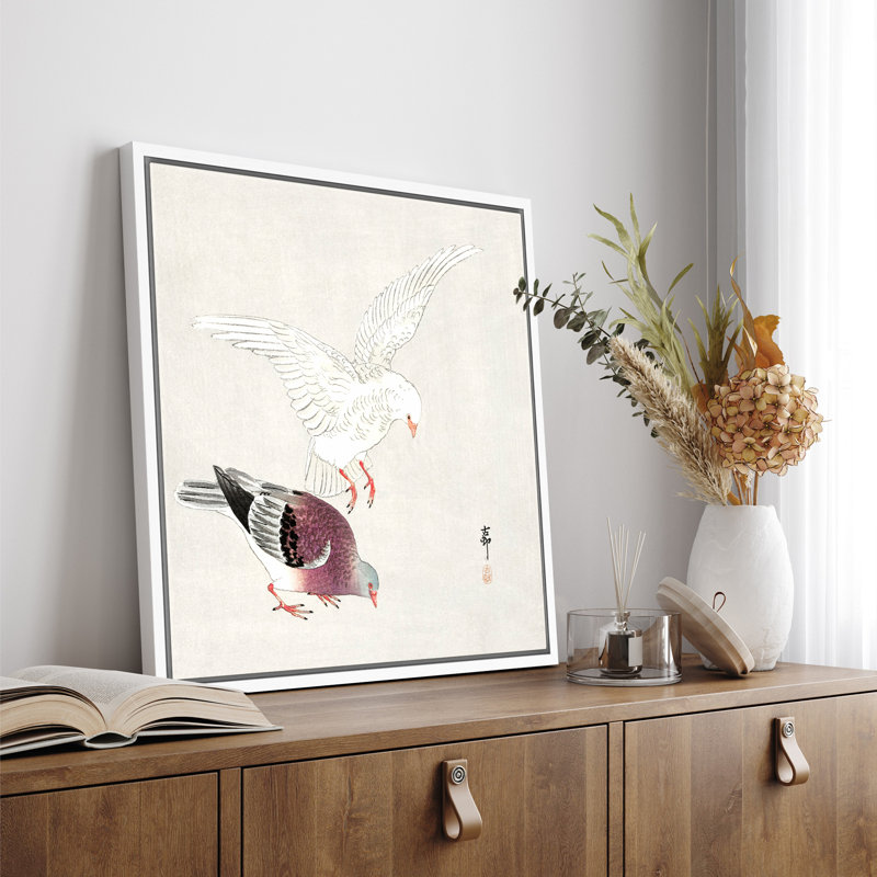 Flying Dove Pair Artwork, Minimal Japanese Style Bird Pictures, Framed Canvas Giclee Print Wall Art, Cadre flottant blanc