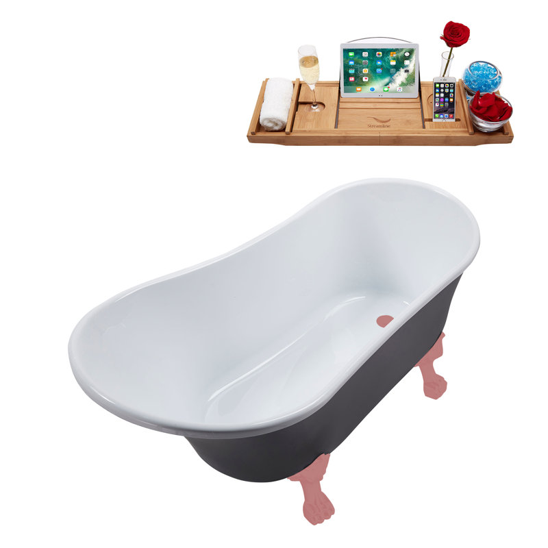55" Streamline Clawfoot Soaking Acrylic Bathtub With Drain, Clawfeet, and Bamboo Tray, Matte Pink, Matte Pink