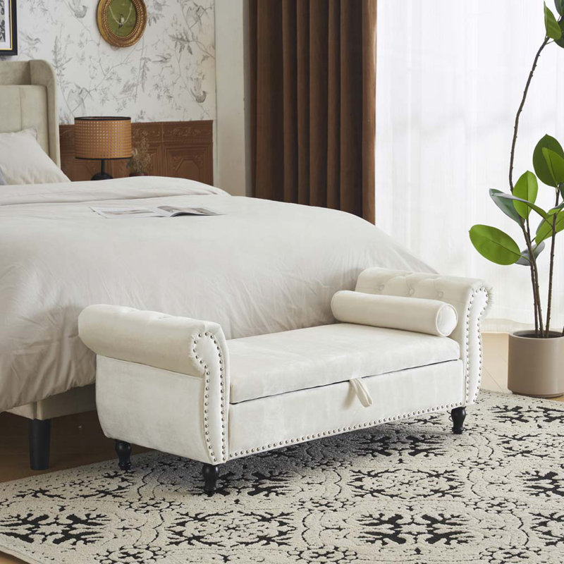 Banc de rangement en velours avec accoudoirs, Beige