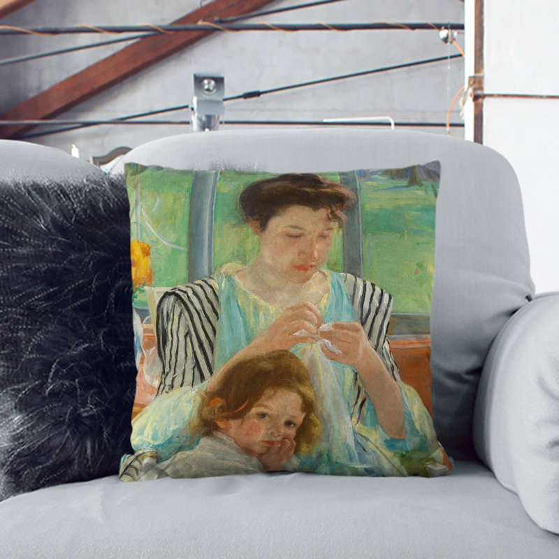 Young Mother Sewing Square Throw Cushion, 40cm H x 40cm W x 15cm D, Stone