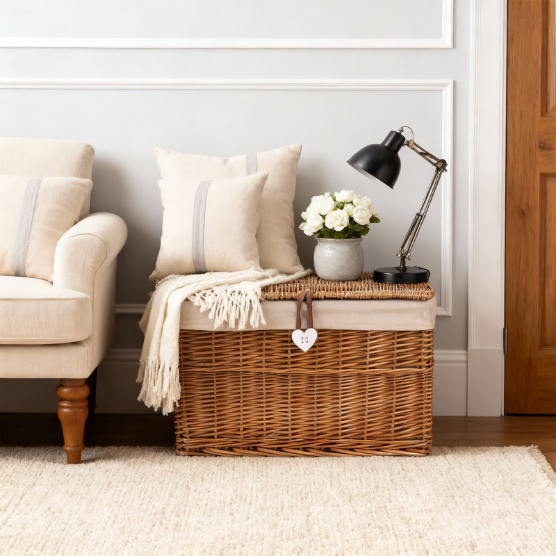 Wicker Storage Trunk with Lid and Cotton Liner, Brown, 41cm H x 59cm W x 42cm D