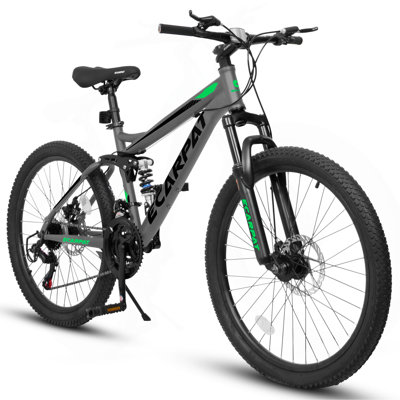 Mountain Bike 26 Inch Wheels, 21-Speed Full Suspension Mens Womens Trail Commuter City Mountain Bike, Carbon Steel Frame Disc Brakes Thumb Shifter Front Fork Rear Shock Absorber Bicycles