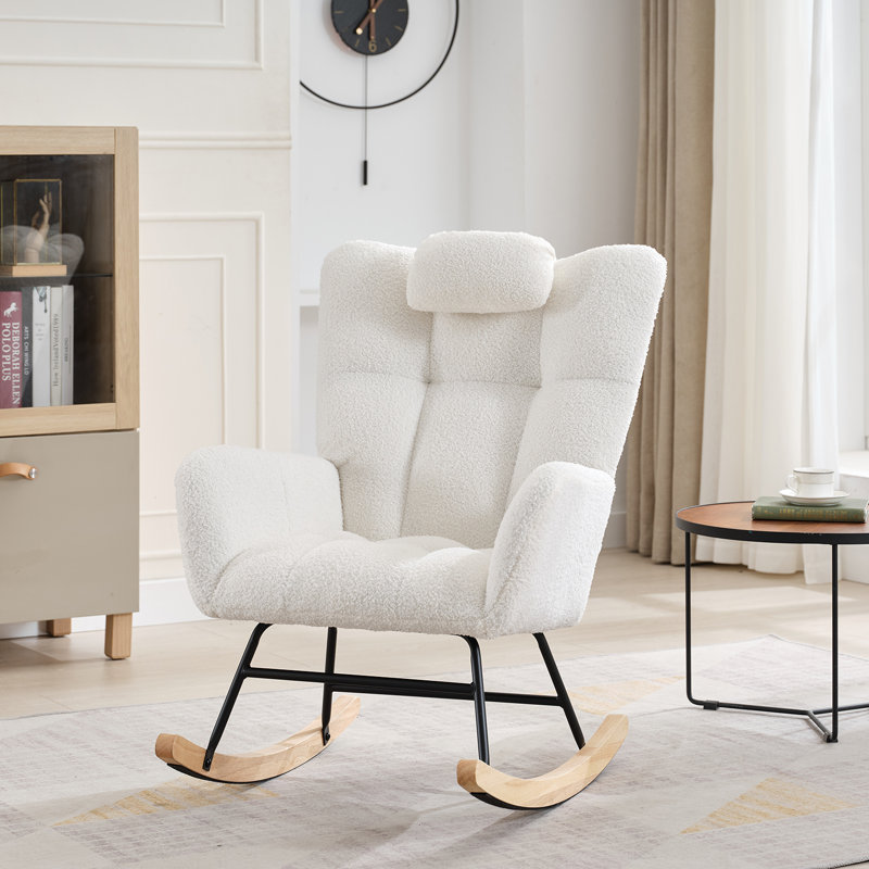 Chaise berçante d'allaitement moderne - Fauteuil oscillant rembourré avec dossier haut et poche latérale pour la chambre de bébé, l'allaitement, le salon, le blanc beige