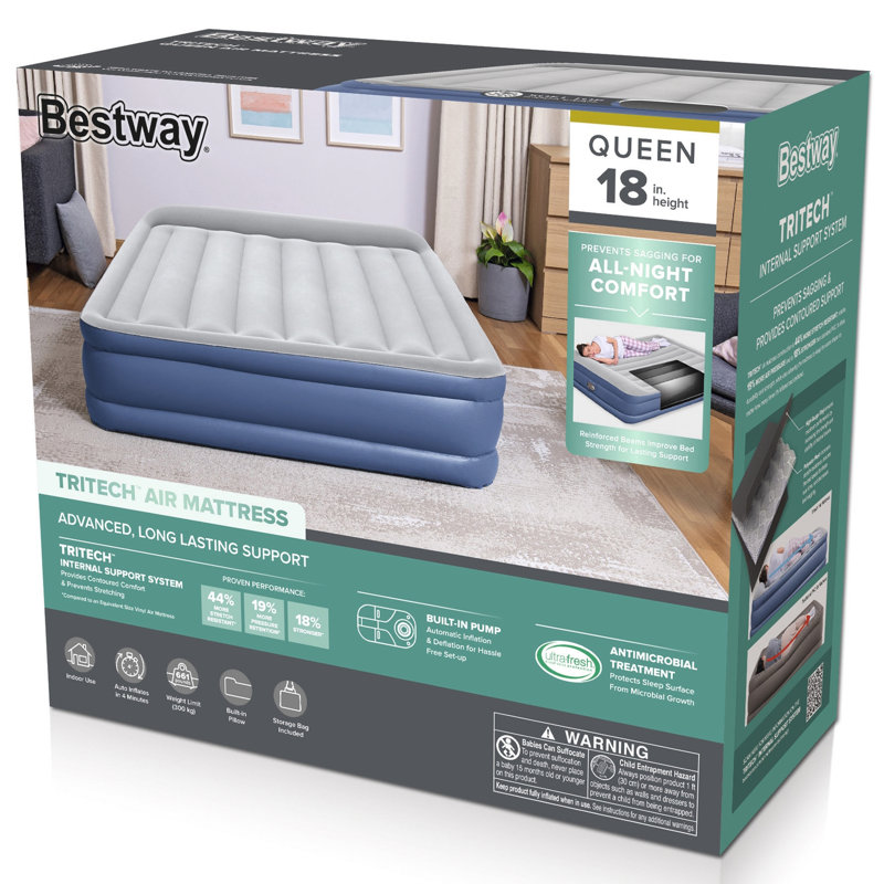 Queen Size Blue Raised Air Mattress with Electric Pump