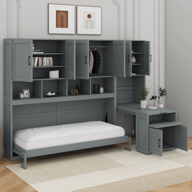 Lit escamotable simple avec placard, tiroirs et bureau