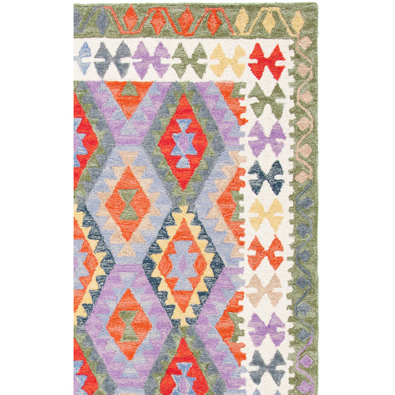 Tapis touffeté à la main de style sud-ouest Horwich en mauve / blanc / vert, Carré 7 pi