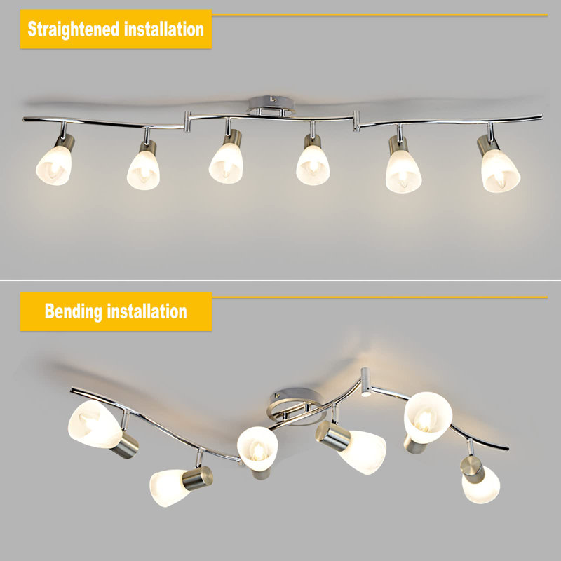 6-Light Flexible Track Lighting Rail, Modern Directional Led Spot Ceiling Light Fixture With Glass Shade, E12 Base, Brush Steel