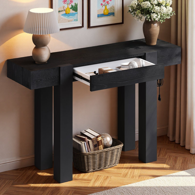 Console minimaliste avec tiroir caché et prise de courant latérale, Noir