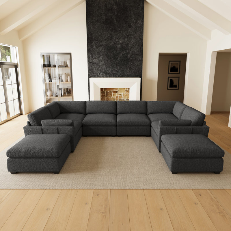 Canapé 4 places en chenille imperméable en forme de U avec doubles sièges d'angle et doubles poufs, Dark Grey Chenille
