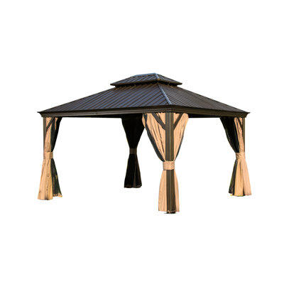 Outdoor Gazebo, 12'X14', With Aluminum Frame And Galvanized Steel Double Roof - Privacy Net 12'X14' Roof, High-Tech Brown