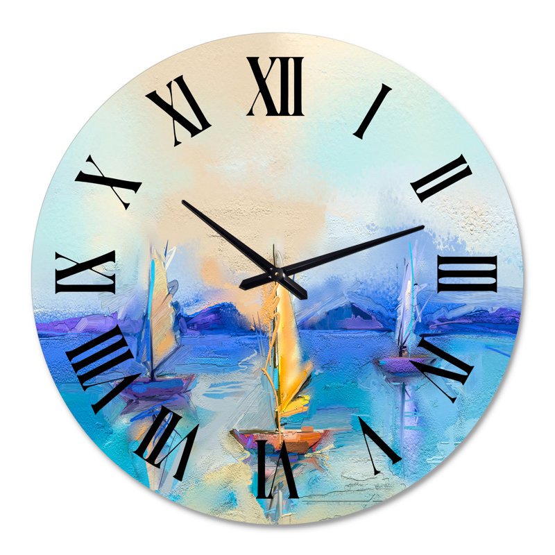 Petits bateaux arrivant au rivage au coucher du soleil III - horloge murale moderne, Grand