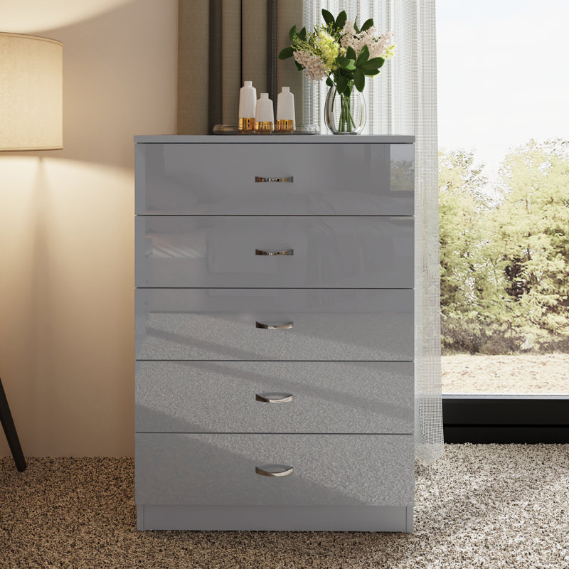 Brendle 5 Drawer Chest Of Drawers: 70cm Wide - High Gloss Front with Chrome Handles, Scratch Resistant., Grey
