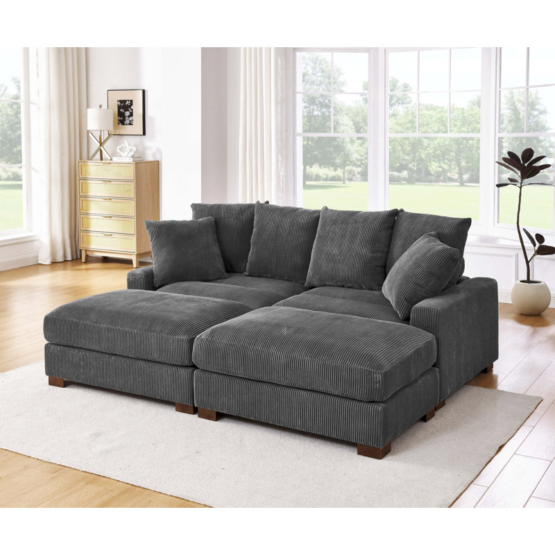 86" Upholstered Corduroy Sofa With Solid Wood Legs, Gray
