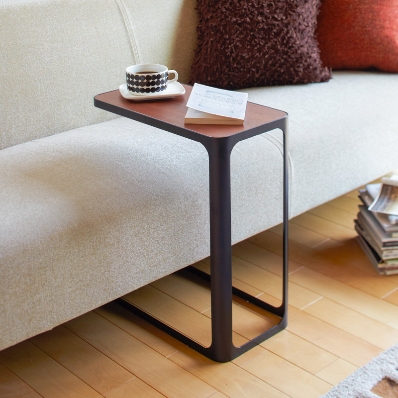 Small Metal And Wood Bedside Compact Side Table - Narrow C Shaped Slim End Table, Black