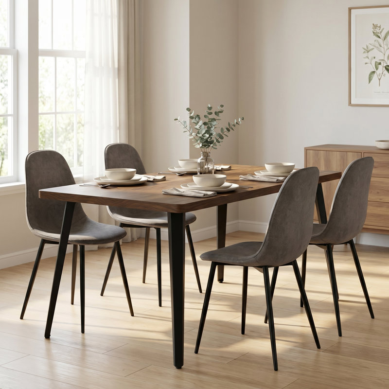 Ensemble de salle à manger 5 pièces rectangulaire de 63 po avec chaises rembourrées de style Mid-Century, Walnut, Grey