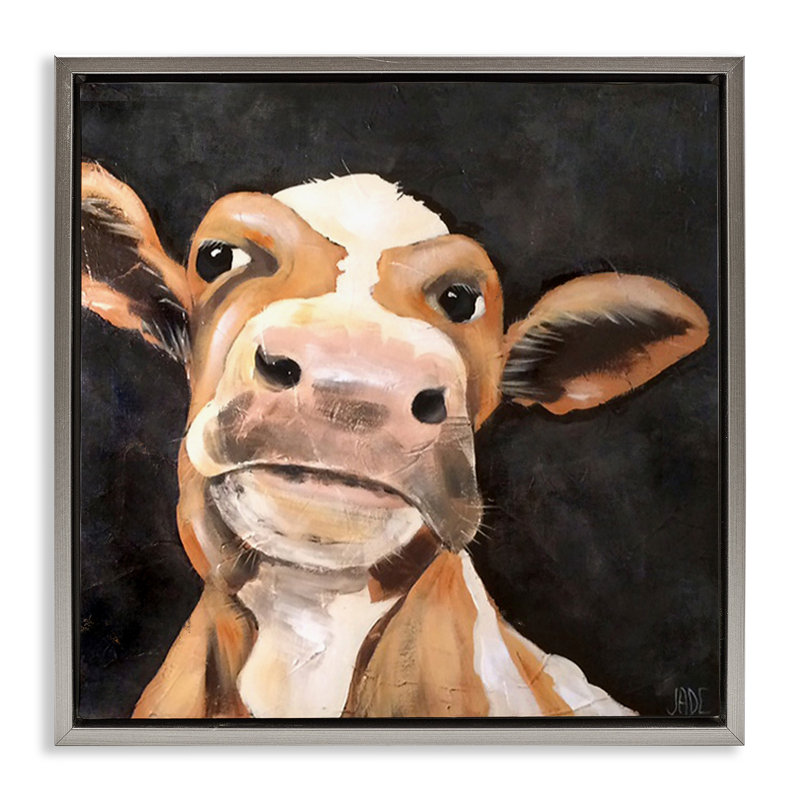 Vache champêtre sur toile par Jade Reynolds, H 18 po x l 18 po, Cadre flottant gris lustré