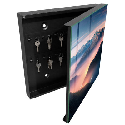 Key box, Opens to the right, 30x30x5, White, Mountains at night with colorful city lights, 
