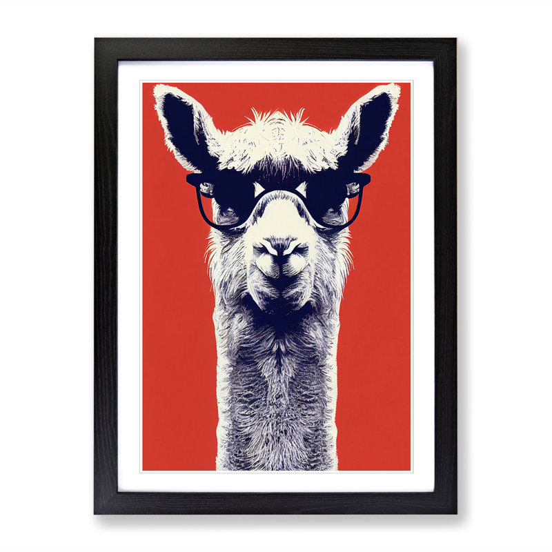 Llama With Glasses - Single Picture Frame Print, Black, 64cm H x 46cm W x 2cm D