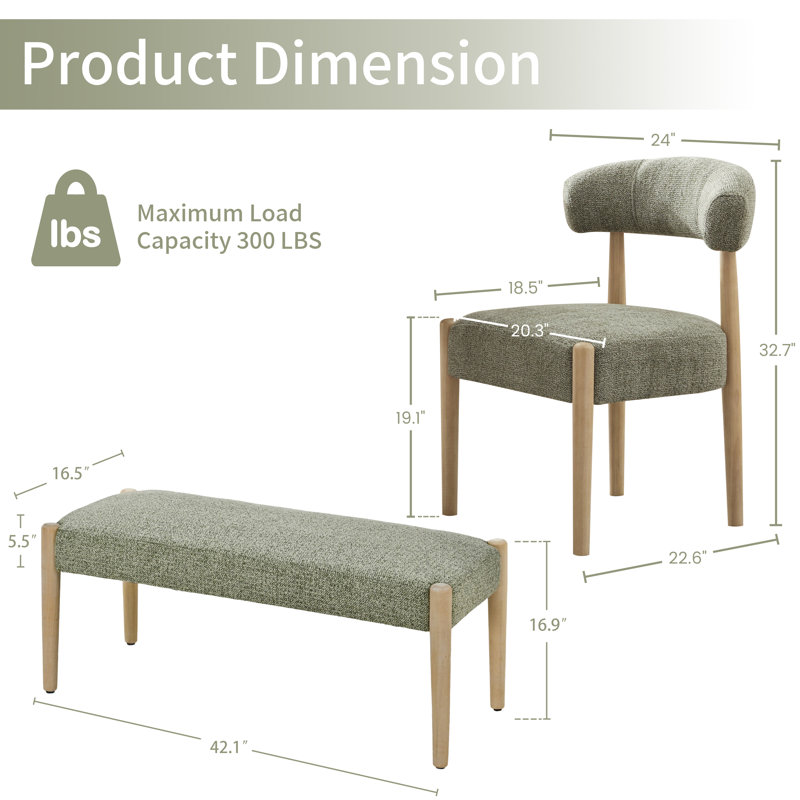 5-Piece Upholstered Side Dining Chair & Bench, Green