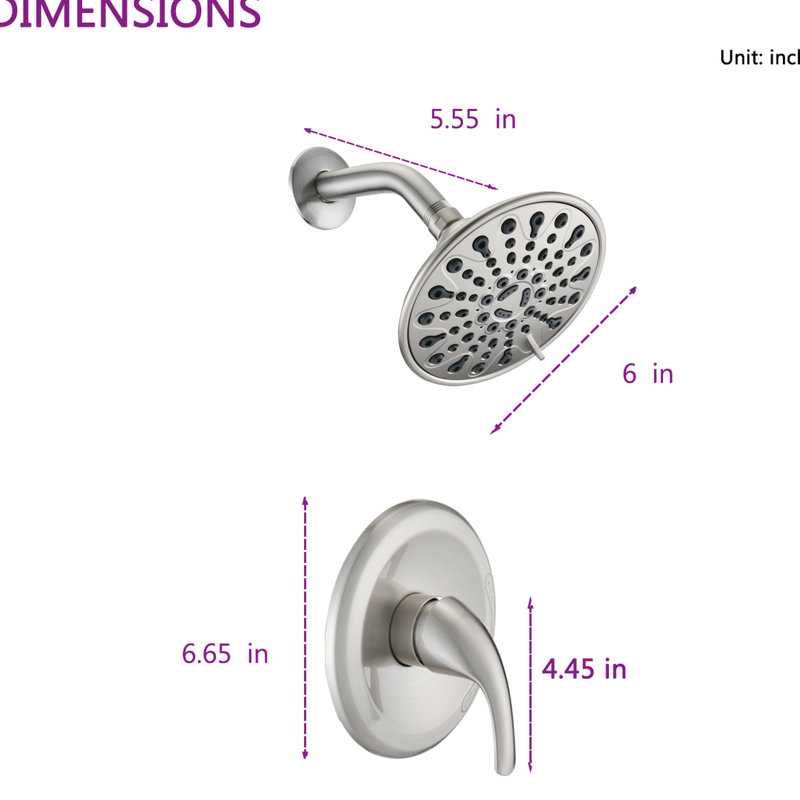 Wall - Mounted Single Handle 6 Spray Pattern Shower Head With Included Valve And Arm, 360 Adjustable Joint On Head, Holes For Easy Maintenance, Brushed Nickel Plastic Design Faucet , Joint, Finish