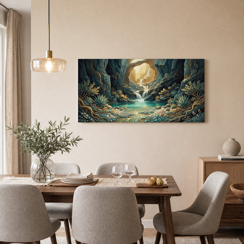 Tableau sur toile représentant une cascade turquoise sous une arche dorée avec des plantes succulentes, 32“W x 16”H