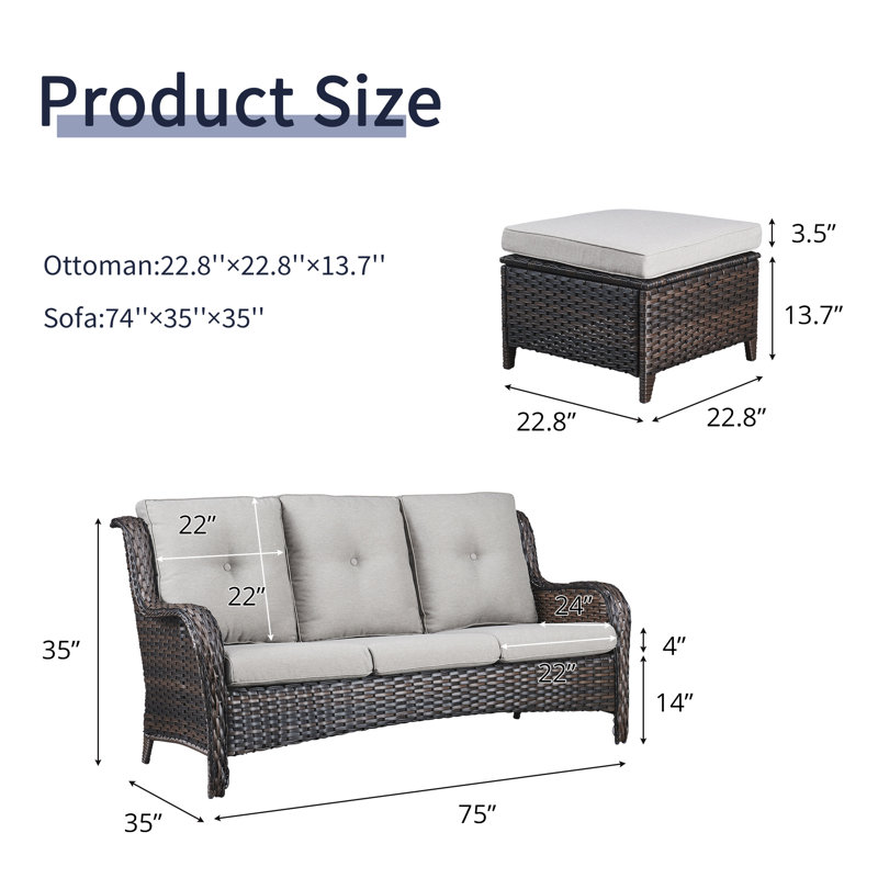 Bonia 72.44'' Wide Straight Patio Sofa with Cushions, Brown Frame/Beige Cushion
