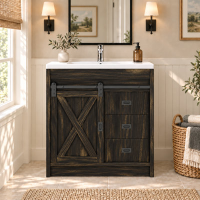 Ensemble de meuble-lavabo avec lavabo, meuble-lavabo à 3 tiroirs et porte de grange coulissante Farmhouse, ensemble de petit meuble-lavabo avec poignées en métal