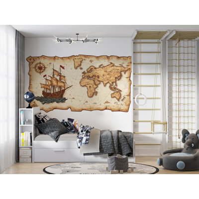 Pirate Map Wall Decal Vintage World Map Wall Sticker Ship Adventure Nursery Kids Room Removable Mural, 059Gm