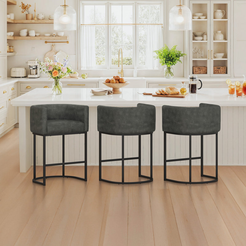 Jessica 26" Upholstered Counter Stool with Metal Frame, Black, Dark Gray/Faux Leather