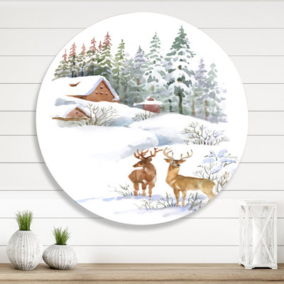 Hiver chalet avec deux cerfs