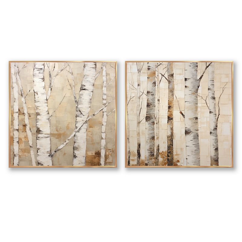 Beige minimalisme arbre bouleau IV - ensemble de 2 boules carrées, H 16 po x l 33 po, Cadre flottant doré