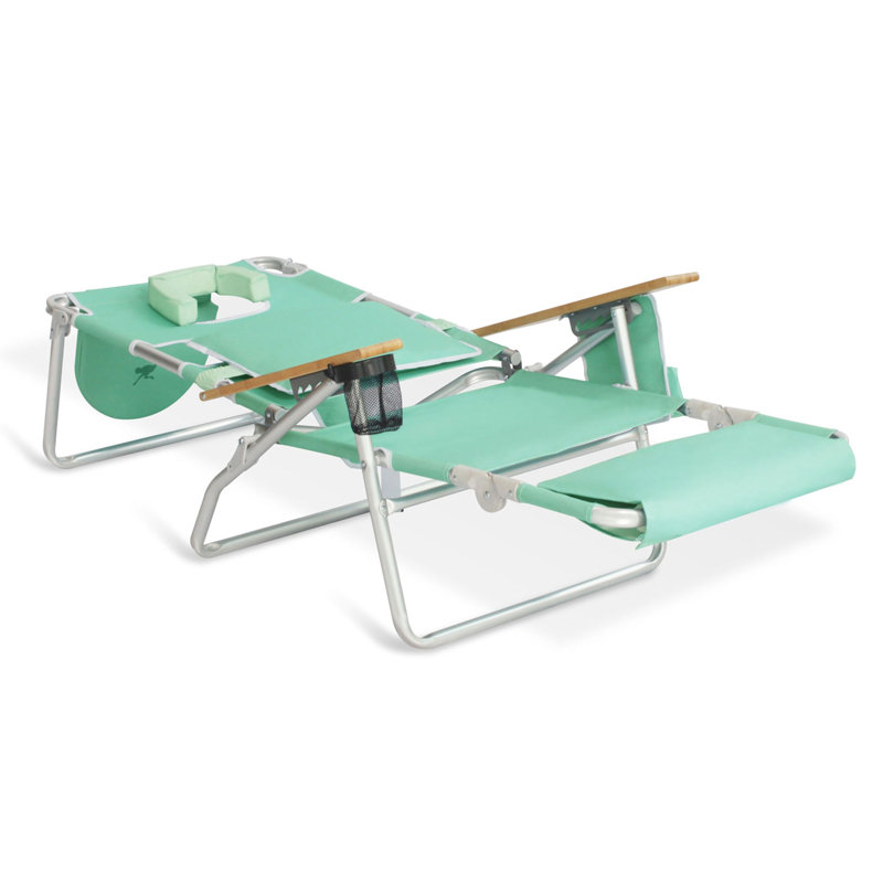 Teal Aluminum and Wood Adjustable Beach Lounger with Arms