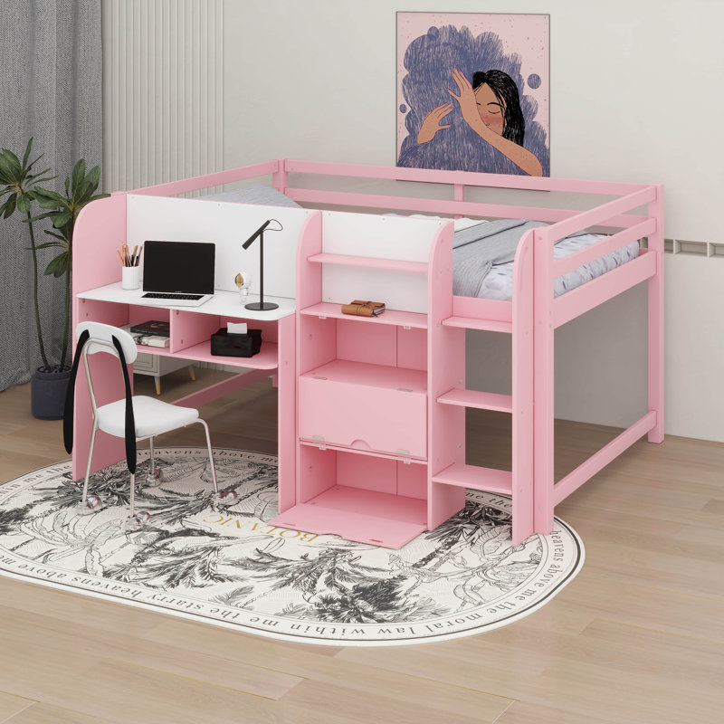 Lit mezzanine double pleine grandeur avec bureau et rangement, armoires rabattables, tablettes ouvertes et tableau blanc