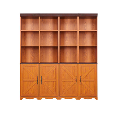 4-in-1 Freely Combined Storage Cabinet, 3D Wood Grain Surface MDF Bookshelf, Open Display Cubbies & Closed Cabinets with Adjustable Shelf, Freely Combinable Bookcase for Living Room Study Office