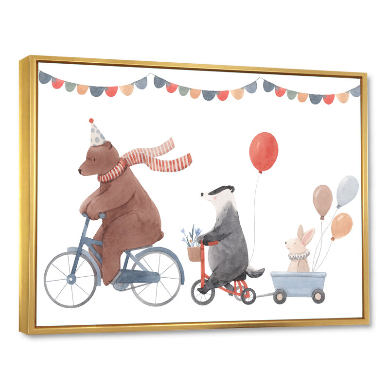 Animaux mignons à bicyclette, H 16 po x l 32 po x P 1 po, Cadre flottant doré